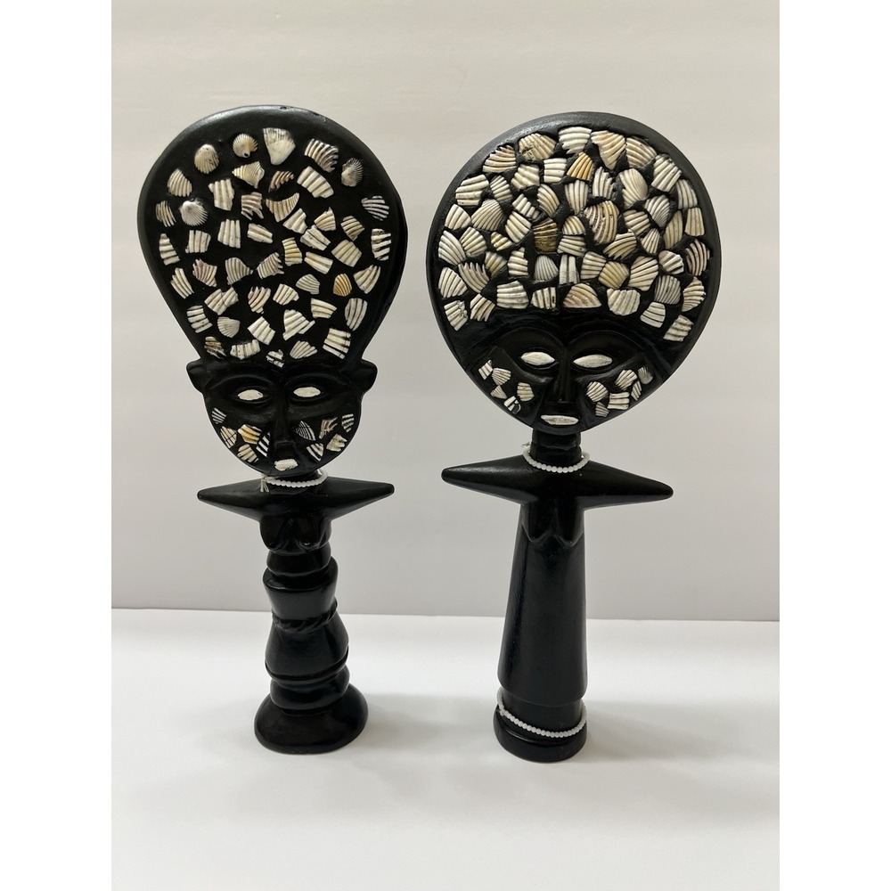 Hand-Carved African Fertility Figures Wood Set Of 2 Black Shell Pieces 13"